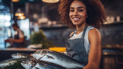 Smiling woman presenting fresh fish at market during bright daytime hours