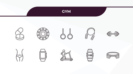 fully editable outline icon collection from gym concept. thin line icons set such as pill and tablet, weight drive, fitness body, sport watch, trampoline,