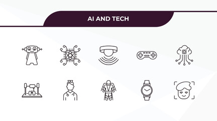 fully editable outline icon collection from ai and tech concept. thin line icons set such as robot, quantum computing, organ printing, wristwatch, face recognition,