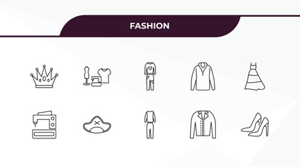 Fototapeta premium fully editable outline icon collection from fashion concept. thin line icons set such as monarchy, tailor, electrical appliances, jacket with buttons, high heel shoes,