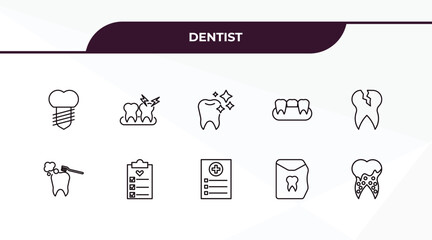 fully editable outline icon collection from dentist concept. thin line icons set such as implant, toothache, tooth cleaning, dental floss, plaque,