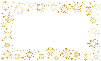 Firework border background, gold fireworks frame with stars and sparkles, firework banner