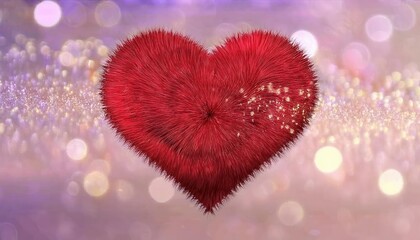 Fototapeta premium Exquisite Furry Red Heart Surrounded by Dreamy Bokeh Lights. Captivating Symbol of Love, Warmth, and Elegance for Valentine’s Day 2025. Perfect for Romantic Decor, Gifting, and Celebrations