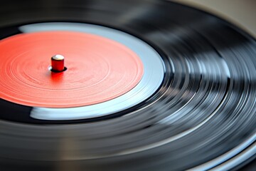 A record with a red and white circle on it. The record is black