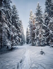Obraz premium snowy forest, tall spruce trees, path in the forest