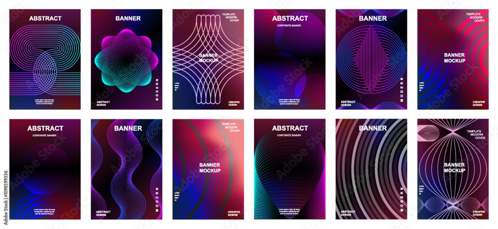 Poster modern gradient cover background design set. cover card. vibrant 3d geometric shapes compositions. b
