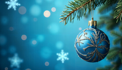 Christmas tree bauble and hanging snowflake on glitter blue background with bokeh light