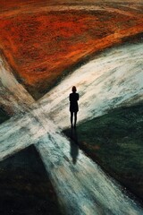 Obraz premium A single individual stands on the center line of a road, potentially waiting for something or someone