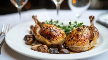 roasted quail with wild mushrooms and truffle oil, presented elegantly on a contemporary white plate