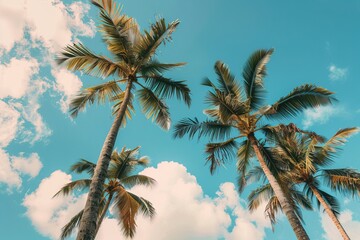 Fototapeta premium Tall palm trees reaching towards a bright blue sky, surrounded by fluffy white clouds, capturing the essence of a tropical paradise.