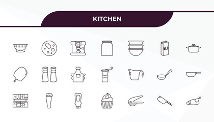 fully editable outline icon collection from kitchen concept. thin line icons set such as nder, mould, measuring cup, cleaver, broiler,