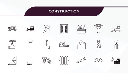 fully editable outline icon collection from construction concept. thin line icons set such as truck with load, bulldozer, , flags crossed, derrick with ball,