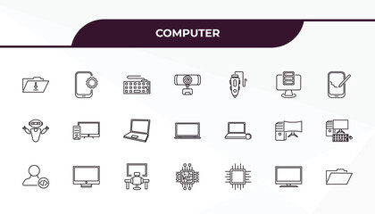 fully editable outline icon collection from computer concept. thin line icons set such as save file, tablet data tings, morning work, tv screen, computer folder,