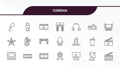 fully editable outline icon collection from cinema concept. thin line icons set such as author, smoothie with straw, actress, satellite tv dish, cinema clapperboard,