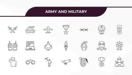 fully editable outline icon collection from army and military concept. thin line icons set such as combat, armored vehicle, grenade launcher, condecoration, terrorist,