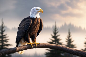 Obraz premium Majestic eagle perched on a branch against a misty forest backdrop at sunrise