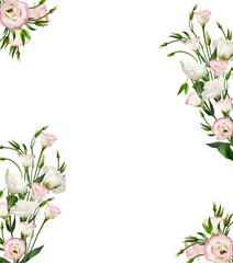 Fototapeta premium Festive frame of delicate Eustoma flowers. Floral arrangement for wedding invitations, holiday cards, collages, frames.