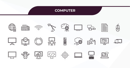 fully editable outline icon collection from computer concept. thin line icons set such as internet server, keyboard with cable, data page, full computer, online chat,