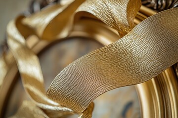 A close-up view of a clock with a golden ribbon wrapped around its face