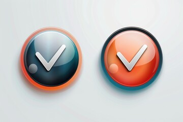 Two buttons with tick and check marks on a flat surface