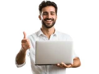 Smiling man holding and pointing at laptop on transparent background