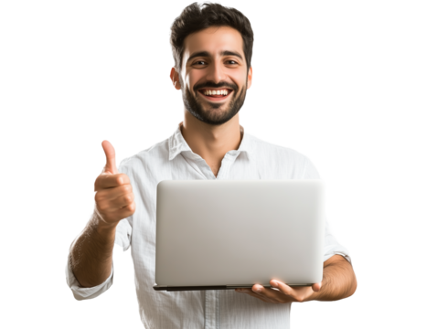 Smiling man holding and pointing at laptop on transparent background