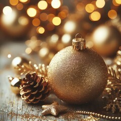 Gold Christmas Ornament - Decorated Christmas Bauble Background with Space for Copy - Christmas Ornament with Christmas Tree - Holiday Diffused Bokeh Wallpaper - Snow, Mistletoe and Presents