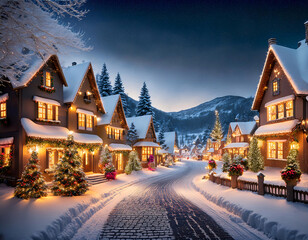 Fototapeta premium A picturesque winter village bathed in warm Christmas lights, creating a magical atmosphere under a starry sky
