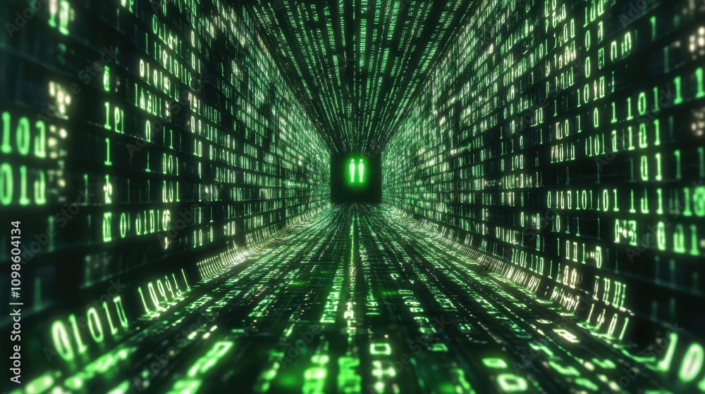 Poster Journey Through a Digital Tunnel of Green Binary Code in Cyberspace
