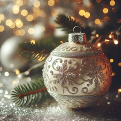 Gold Christmas Ornament - Decorated Christmas Bauble Background with Space for Copy - Christmas Ornament with Christmas Tree - Holiday Diffused Bokeh Wallpaper - Snow, Mistletoe and Presents