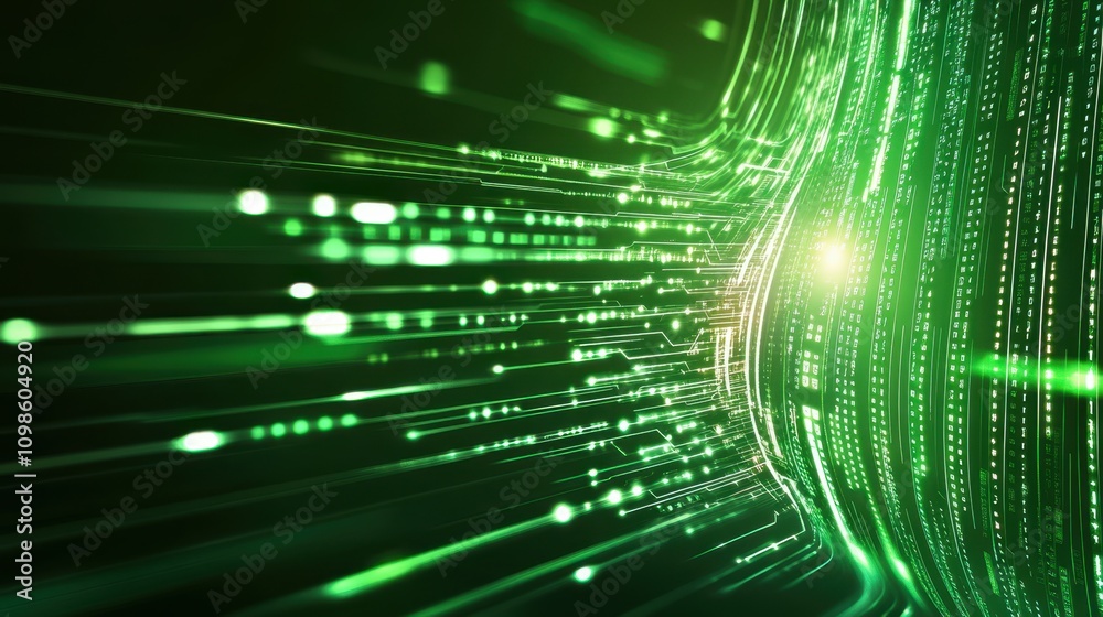 Poster glowing green streams of data pulsate within a vibrant cyberspace landscape