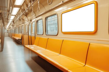 Fototapeta premium A vacant subway train car with yellow seats and windows