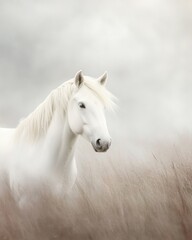 Fototapeta premium Misty Meadow Showcases the Elegance of a White Horse in Tranquil Surroundings at Dawn