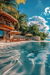 Fototapeta premium A swimming pool with lounge chairs and umbrellas