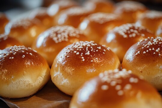 Freshly baked buns topped with sesame seeds, ideal for cafes or bakeries