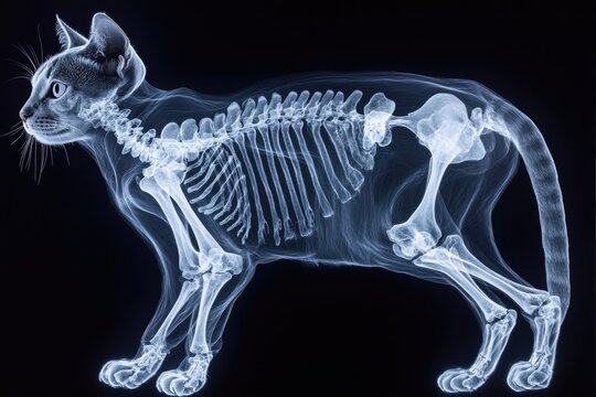 Anatomical illustration of a cat's skeletal system superimposed on an x-ray image