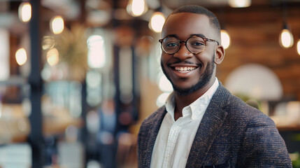 Obraz premium Smiling professional in a modern workspace.