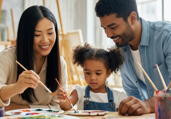 Parents and daughter enjoying creative time together, painting and strengthening family bonds