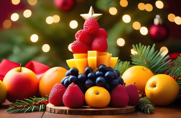 Christmas tree made of fruit and berries on a festive background with bokeh and spruce branches, standing on a wooden table.