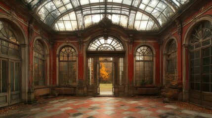 Obraz premium Ruined ornate conservatory with glass ceiling, autumnal view.