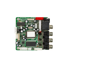 Microcircuit with radio parts close-up. Modern electronic industry. Place for inscription, place for copying