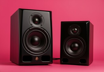 Fototapeta premium Professional audio equipment for sound recording and mixing featuring two black studio monitors on a vibrant pink backdrop