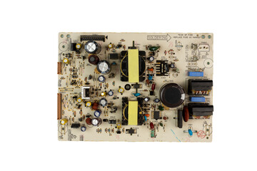 Microcircuit with radio parts close-up. Modern electronic industry.
