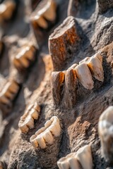 Fototapeta premium Numerous fossilized teeth embedded in rock.