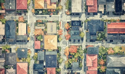 Fototapeta premium Aerial view of city block, houses, autumn trees.