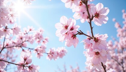 Naklejka premium Dreamy Pink Cherry Blossoms with Sunburst Against Azure Sky