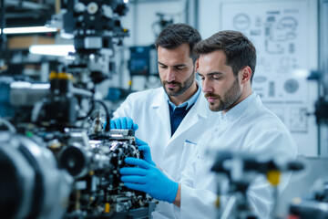 Two engineers in lab coats work meticulously on a complex mechanical assembly, showcasing teamwork and innovation