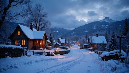Fototapeta premium Cozy Mountain Village With Illuminated Cabins In Snowy Winter Twilight Landscape
