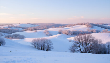 Obraz premium Serene Winter Landscape with Pink-Hued Sunset Over Rolling Snow-Covered Hills