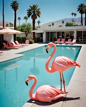 flamingo birds by swimming pool palm springs ai resort with palm trees 60s style